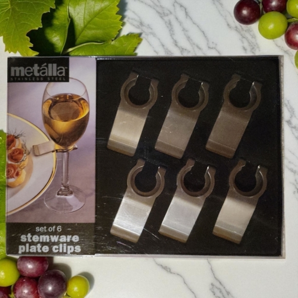Nwt Metalla Stainless Steel Set of 6 New Stemware Plate Clips by Prodyne